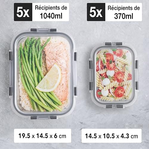 Lot de 10 Boites Repas - Boites de Conservation Alimentaire Idéales pour Préparer des Repas Sains - Boites en Verre Hermétiques sans BPA - 10 Boites Alimentaires et 10 Couvercles Étanches thumbnail 2