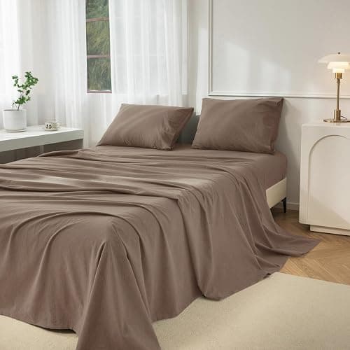 JIYUAN 100% Washed Cotton Sheet Set 4 Pieces King,1 Fitted Sheet,1 Flat Sheet and 2 Pillowcases,Comfy and Breathable Linen Like Bedding Set,Light Brown thumbnail 4