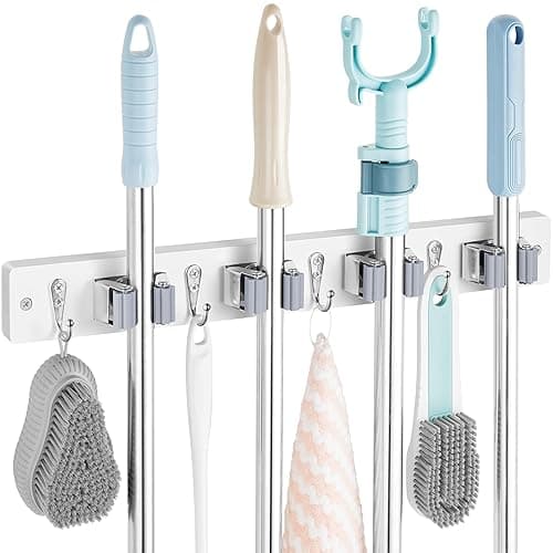 OUTNILI White Mop Broom Holder Wall Mount with 4 Slots & 4 Hooks - Wood Broom Mop Hanger for Pantry Closet Laundry Room Organization - Heavy Duty Garden Tool Organizer - White Kitchen Decor - White-4 Slots