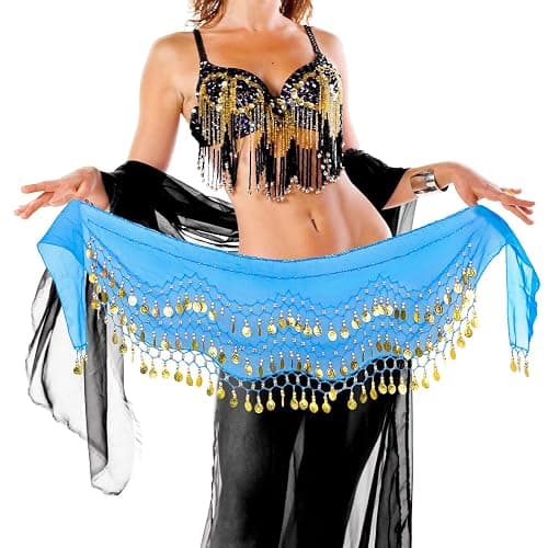 COSICS Belly Dance Hip Scarf, Women's Chiffon Belly Dancing Scarf with 128 Coins for Yoga Class thumbnail 2
