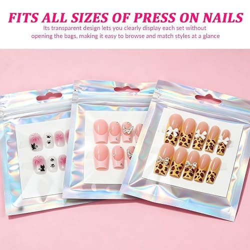 ESUOHYM 50 Pcs Nail Packaging Bags for Press On with 3 Double Side Tape | Holographic Press On Packaging Fits All Sizes, Nail Storage with Nail Cardboards, Nail Art Business Supplies Kit Salon Home thumbnail 4