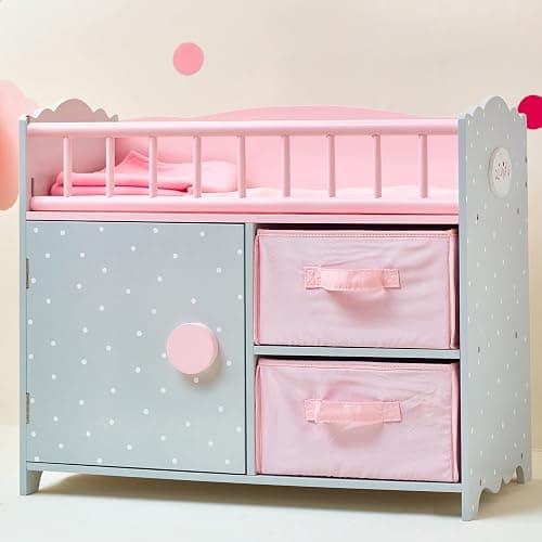 Olivia's Little World Wooden Baby Doll Crib with a Cabinet and Two Cubbies for Doll Accessory Storage Underneath, Pink and Gray and White Polka Dots thumbnail 2