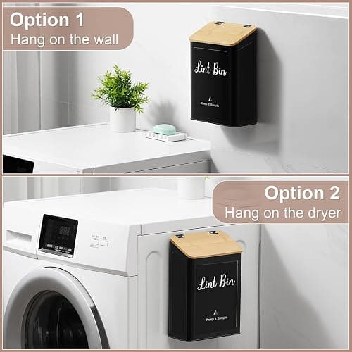 SUBEKYU Metal Magnetic Lint Bin for Laundry Room, Wall Mounted Lint Box Holder with Lid for Dryer,Laundry Room Organization and Storage,Bamboo Lid Lint Basket,Black thumbnail 4