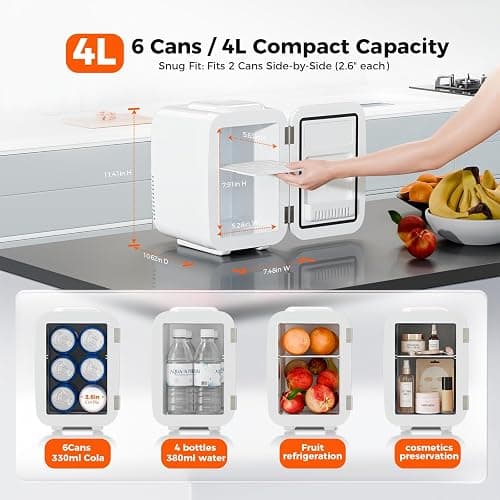 Mini Fridge for Bedroom - 4 Liter/6 Can Mini Makeup Fridge, 110V AC/ 12V DC Portable Thermoelectric Cooler&Warmer for Skincare, Drink, Cosmetic, Medicine, Small fridge for Bedroom, Office, Dorm, Car thumbnail 5