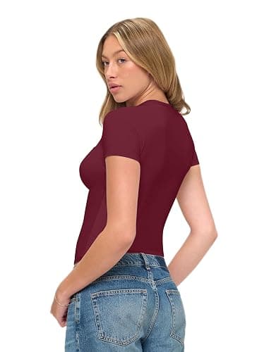 Natural Uniforms Womens Super Soft, Super Stretch Y2K Short Sleeve Baby Tee Crop Top - Burgundy - Small thumbnail 2
