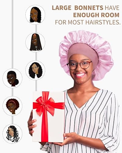 Satin Bonnet for Women Silk Bonnets for Sleeping Curly Hair Bonnet with Elastic Tie Band Reversible Double Layer Sleep Cap Hair Wrap (Bean Paste + Pink) thumbnail 6