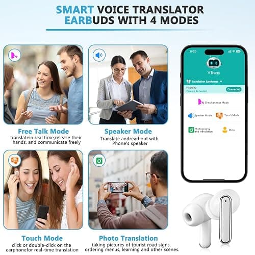 Translation Earbuds Real Time Support 150 Languages,Translation Music and Calling 3-in-1,Translator Device with Bluetooth and APP,Provide Online Instant Voice Translation for Travel Business Learning thumbnail 3