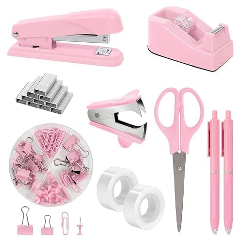 SKYDUE Pink Stapler and Tape Dispenser Set, Pink Office Desk Accessories | Pink Office Supplies, Stapler, Tape Dispenser, Scissors, Clips and 1000pcs Staples,Office Supplies for Desk for Women - Image 1