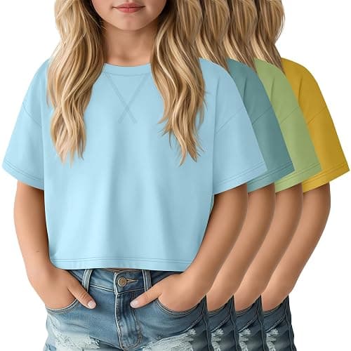 LessonZoo 4 Pack Girls Crop Tops 5-14Y Short Sleeve T-Shirts Tween Crew Neck Teen Oversized Cute Cropped Summer Athletic Tee - Image 1