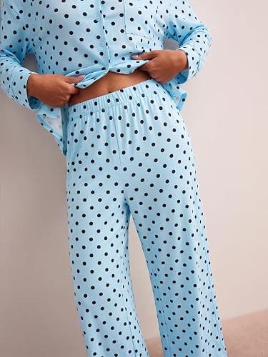 Tankaneo Womens Button Down Pajama Sets Long Sleeve 2 Piece Lounge Sets | Pjs, Polka Dot, Fruit Print, Wide Leg, Loose Fit, Lapel Collar, Night Suit, Cute Sleepwear thumbnail 3