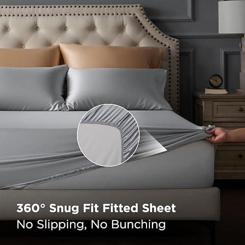 Bedsure Satin Sheets Queen Size - 4 Piece Silky Bedsheets with 15 Inches Deep Pocket Fitted Bedsheet,1 Flat Sheet, 2 Satin Pillowcases, Good for Hair & Skin (Queen, Silver Grey) thumbnail 5