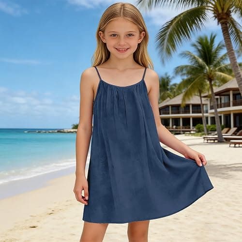 Girls Backless Cami Dress Cotton Linen Plain Open Back Spaghetti Strap Tank Dresses Tween Cute Summer Camisole Sundress thumbnail 2