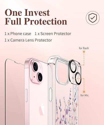 GVIEWIN for iPhone 15 Case Floral, with Screen Protector&Camera Lens Protector,[Non Yellowing] Soft Shockproof Clear Phone Protective Cover for Women, Flower Pattern Design 6.1" (Floratopia/Colorful) thumbnail 7