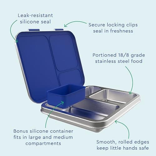 Bentgo Kids Stainless Steel Prints Leak-Resistant Lunch Box - 3-Compartments with Bonus Silicone Container, Durable, Eco-Friendly, Dishwasher Safe, BPA-Free, Ideal for School, Ages 3+ (Shark) thumbnail 7