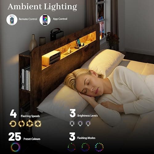 PAUKIN Full Size Wooden Bed Frame with Storage Headboard, Platform Bed Frame with Charging Station and LED Lights, Sturdy Slats, No Box Spring Required, Silent Operation, Easy to Assemble, Brown thumbnail 7