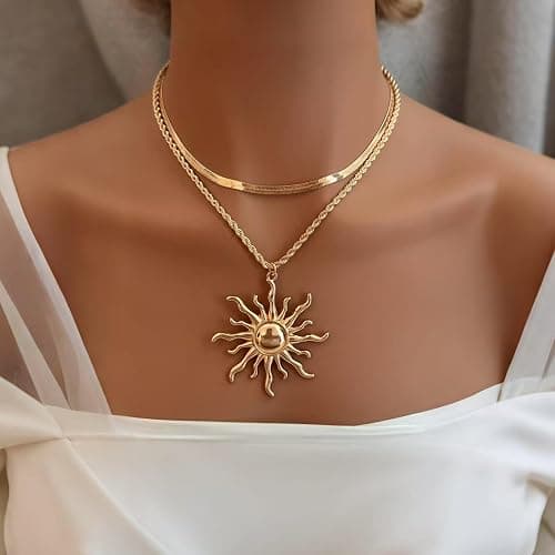 Yepelesi Sun Necklace for Women 14K Gold Silver Plated Layered Charm Necklace Double Chain Charm Pendant Necklaces Trendy Daily Wear Statement Jewelry Gift thumbnail 3