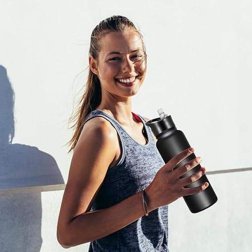 VQRRCKI 40 oz Insulated Water Bottle with Straw, Stainless Steel Sports Water Bottles with 2 Lids (Straw and Wide Mouth lid), Double Wall Vacuum, Leakproof, BPA-Free, Black thumbnail 2