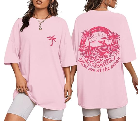 veufcyas Oversized Graphic Tees for Women Hawaiian Beach Palm Tree Shirt Cute Vacation T Shirts Teens Summer Short Sleeve Top - Image 1