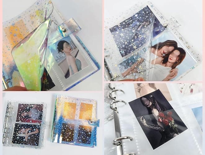 JIEADJIE Kpop Photocard Holder Book Set A5 Binder Photocard Album 6 Ring, Suit for 200 Cards 3 Inch Photo,with 50 Pcs Laser Flashing Card Sleeves,with 20 Sheets Stickers Cute Decor Stickers (Star 2) thumbnail 7