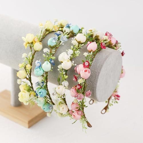 KorViSHOW Handmade Flower Crown Floral Headpiece Green Leaf Headband Wedding Flower Crowns for Bride Floral Garland Hair Wreath Birthday Party(Yellow Style) thumbnail 6