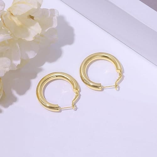 sovesi Chunky Gold Hoop Earrings for Women with 925 Sterling Silver Post, 14K Gold Plated Small Thick Gold Hoops Earrings for Women thumbnail 5