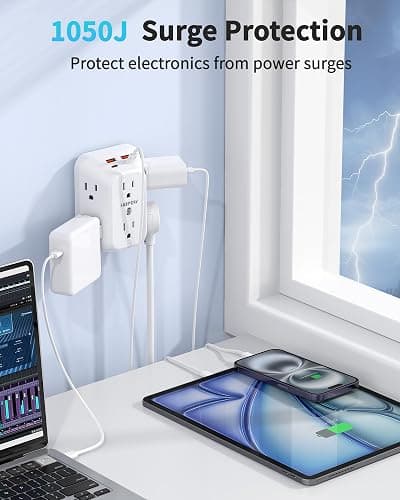 2 Pack Outlet Extender Surge Protector, HOPOW 6 Outlet Splitter with 4 USB Ports (2 USB C), USB Wall Charger, 3-Sided 1050J Multi Plug Wall Outlet, Wall Mount for Home Travel Office Travel, White thumbnail 6