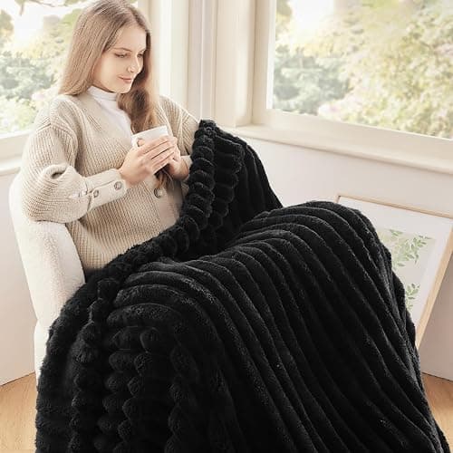 NEWCOSPLAY Fleece Ribbed Cozy Throw Blanket for Couch, Black, 50"x60" | Premium Silky Flannel Blanket, Soft Lightweight Fluffy Throw Blanket for Bed Sofa Decor, Gift for All Season Use thumbnail 3