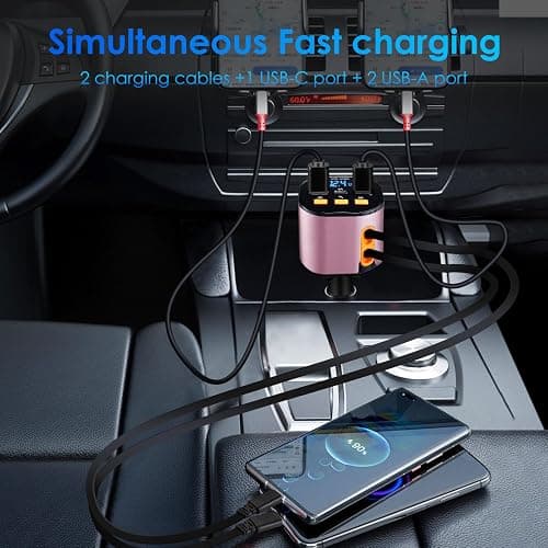 Retractable Car Charger,5 in 1 Fast Car Phone Charger 90W,Bluetooth 5.3 FM Transmitter Adapter,Handsfree Call,2 Retractable Cables and USB Cars Chargers for iPhone 17/16/15/14/13/Galaxy/Pixel thumbnail 2