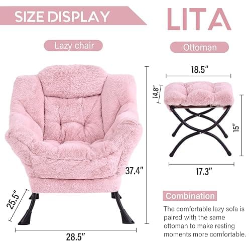 LITA Lazy Chair with Ottoman, Modern Accent Leisure Upholstered Sofa, Contemporary Lounge Reading Chair with Armrests and a Side Pocket for Living Room, Bedroom & Small Spaces, Plush Pink thumbnail 3