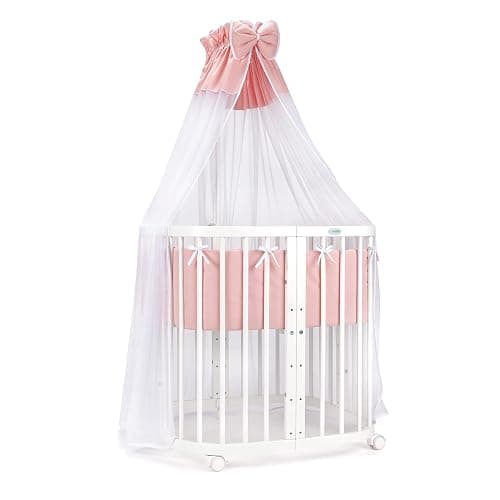 Waldin Babybett aus Holz 7in1 mit Matratze, Mitwachsendes Kinder-Bett, Belüftet, Boden 5-Fach Verstellbar, All-Inclusive-Set, Holz Weiß, Stoffe Lachs - Holz Weiß - Stoffe Lachs - Image 1