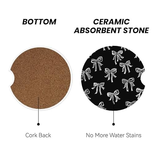 Black White Bows Print 2 Pack Car Cup Holder Coaster Ceramic Cork Base Drink Coasters for Home Kitchen Office Party Table Decor Auto Accessories Gifts thumbnail 3