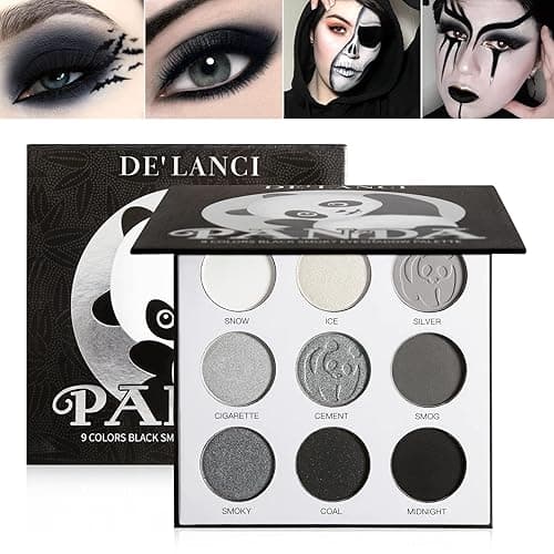 ecofavor Black Smoky Eye shadow Palette, DE’LANCI PANDA 9 Colors True Black Dark Grey Smokey Goth Makeup Pallet, 9 Soft Matte Shimmer High Pigmented Basic Black White Gray Shade for Halloween - Image 1
