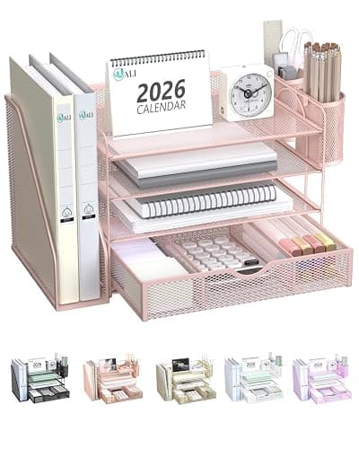 WALI Desk File Organizer, 4 Tier Desktop Paper Letter Tray Organizer with Drawer and 2 Pen Holders, Office Desk Accessories & Workspace Organizers for Office, Home Supplies(DO005DH-P), 1 Pack, Pink - Image 1