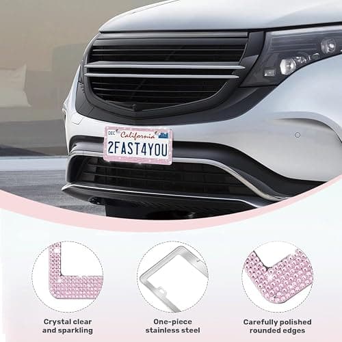 2 Pack License Plate Frames for Women, Sparkly Rhinestone Diamond Car Accessories with Glitter Crystal Caps (Pink (2PCS)) thumbnail 7