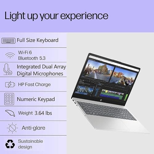 HP Laptop Computer, 15.6“ FHD Display, Intel 4-Core Processor, 16GB DDR4 RAM, 256GB PCIe SSD, WiFi 6, Bluetooth 5.3, USB-C, HDMI, Webcam, Numeric Keypad, Natural Silver, Windows 11 Home thumbnail 3