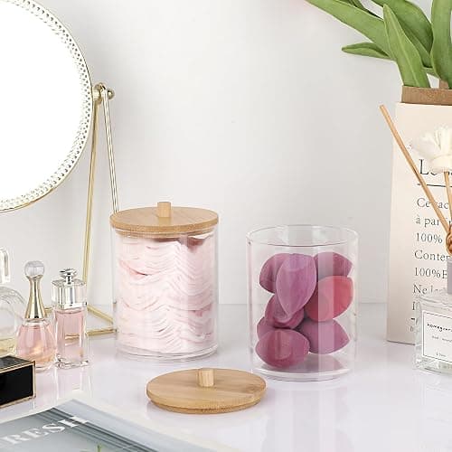 SUMTree 2 Pcs 10 Ounce Plastic Cotton Swab Holder with Bamboo Lids | Acrylic Cotton Bud Qtip Holder Dispenser Bathroom Jar Canister for Bathroom Accessories for Bathroom, Vanity, Dressing Table thumbnail 7