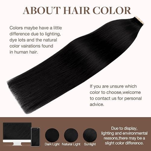 GOO GOO Tape in Hair Extensions Human Hair, 1 Jet black, 18inch 50g 20pcs, Skin Weft Seamless Invisible, Silky Straight with Thick Ends, Remy Human Hair thumbnail 6