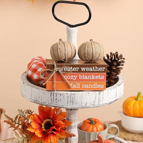 Fall Tiered Tray Decor, Wood Book Stack with Maple Leaves & Pumpkins | Farmhouse Mini Decorative Books Bundle, Fall Decor for Table, Thandkgiving Wood Table decor thumbnail 5