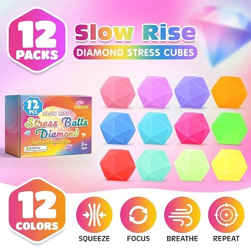 VISCOO 12 Pack Diamond Slow Rising Stress Balls, Soft Stress Cube, Cube Squishy Fidget Toys for Anxiety Relief, Dough Squeeze Toys for Classroom Prize, Party Favors for Kids Adults thumbnail 4