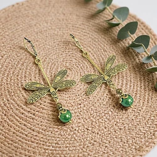 GPASTG Handmade Creative Vintage Silver Dragonfly Leverback Earrings Bohemian Retro Gold Pearl Animal Dangle Drop Earrings for Women thumbnail 6