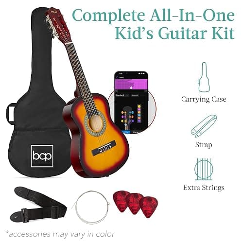 Best Choice Products 30in Kids Acoustic Guitar, All-in-One Beginner Starter Kit w/Strap, Case, Extra Strings, Rosette Inlay - Sunburst thumbnail 3