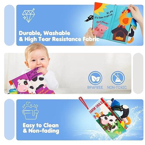 beiens Soft Toys Baby Cloth Books, Touch and Feel Crinkle Books for Babies, Infants & Toddler, Early Development Interactive Car Toys & Stroller Toys for Boys & Girls (Farm Tails-1 Book) - Farm thumbnail 6
