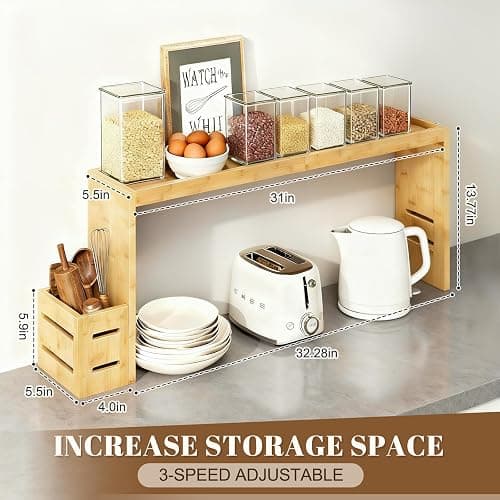 BESLCEID 31-inch bamboo stove rack for above the hob, kitchen bamboo spice rack, supports up to 50 pounds. Bamboo stove rack for storing spices and kitchen utensils. (Wood colour) thumbnail 2