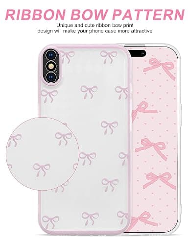 Jusy Compatible with iPhone X/XS Case, Cute Clear Ribbon Bowknot Pattern Aesthetic Soft TPU Transparent Cases Protective Phone Cover for Women Girly with Bracelet Chain - Pink - iPhone X/XS thumbnail 2