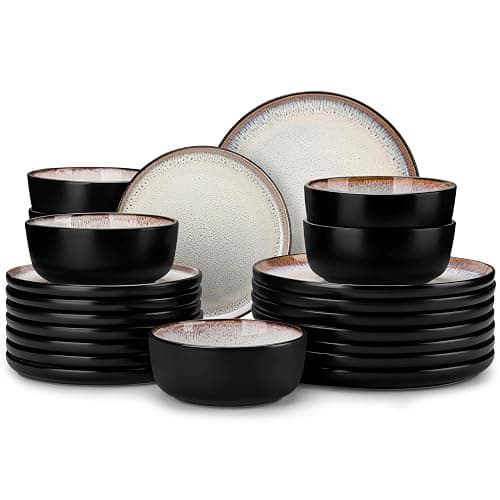 vancasso Plates and Bowls Sets, 24 Pieces Stoneware Dinnerware Sets for 8, Kitchen Dish Set Mircowave and Dishwasher Safe Ceramic Dishware, Light Cream, Series AMBER - Image 1