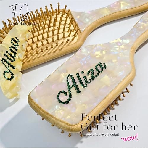 Personalized Rhinestone Hair Brush with Name - Custom Bling Hairbrush for Women & Girls, Handmade Marble Bamboo Wood Brush for Scalp Massage, Detangling, Gifts(Shell White) thumbnail 8