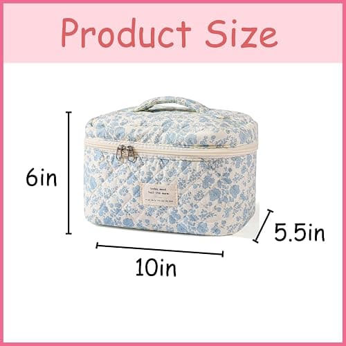 uekeboag Large Travel Quilted Makeup Bag for Women, Floral Cotton Cosmetic Bag, Coquette Aesthetic Floral Toiletry Organizer Bag thumbnail 2