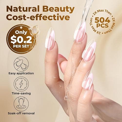 UNA GELLA Almond Gel Nail Tips, 504PCS Pre Etched Clear Fake Nails Tips Medium Almond Shape - 12 Sizes Full Cover Soft Acrylic Press On Nail Extensions No C Curve Gift for Diy at Home thumbnail 6