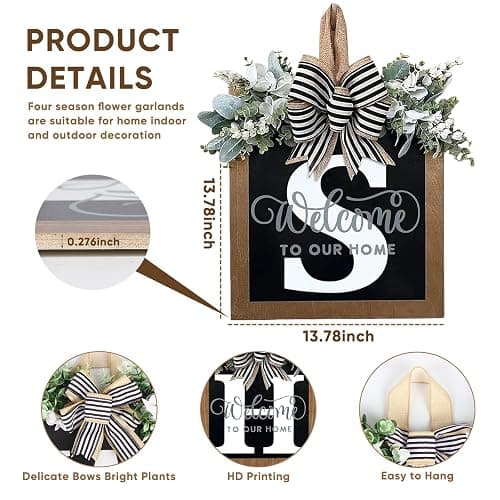 Ultra Large 14'' Last Name All Year Round Front Door Wreath with 26 Initial Letter Welcome Sign All Seasons Eucalyptus Garland and Bow Wreaths for Front Door Porch Farmhouse Decoration (S) thumbnail 2