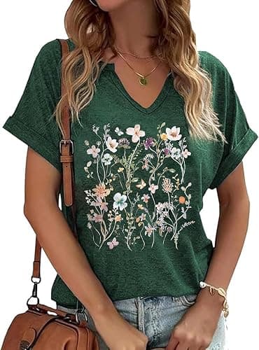 PUCKOLITY Vintage Flowers V Neck Shirt for Women Boho Floral Wildflowers Graphic Tee Casual Cottagecore Summer T Shirt - Image 1